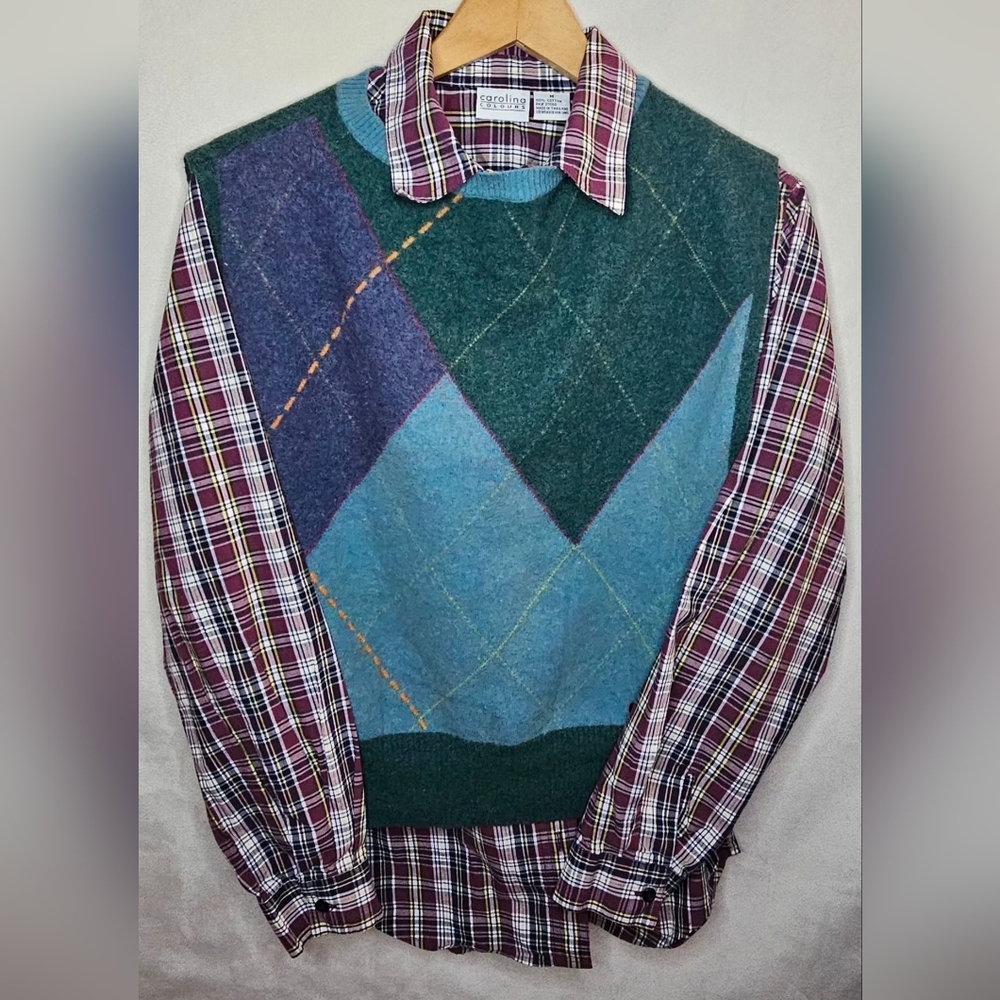 Vintage Plaid Shirt with Argyle Sweater Vest With Long Sleeve Plaid Button Down.